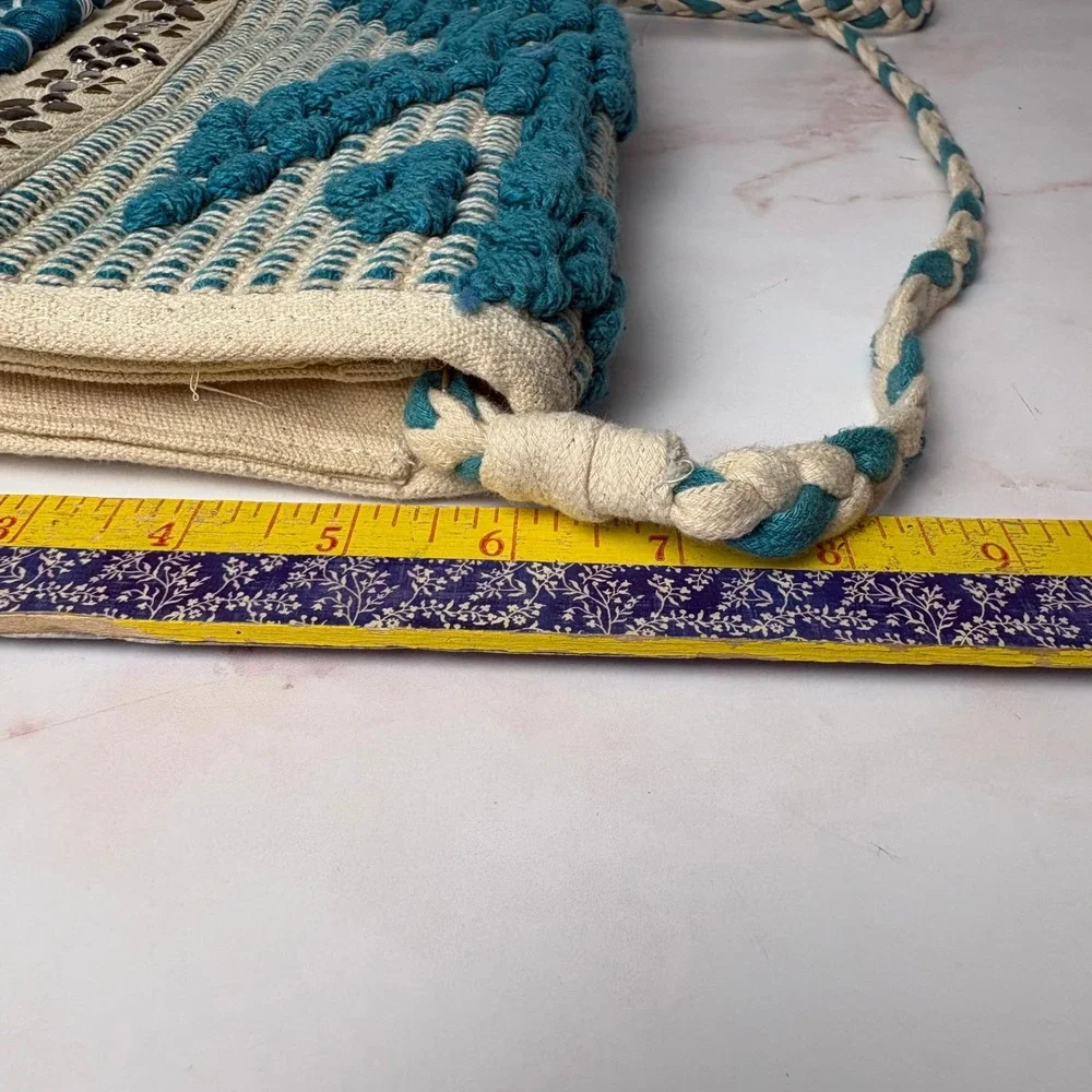 America & Beyond Teal Woven Tassel Crossbody Bag‎ Studded Pom Pom Handcrafted